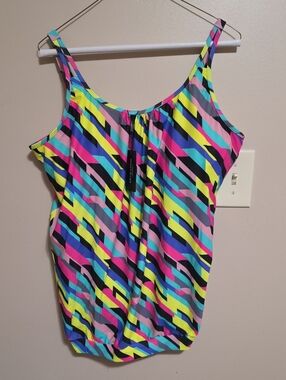 Multi-Color Geometric Tankini Swim Top - Neon Stripe